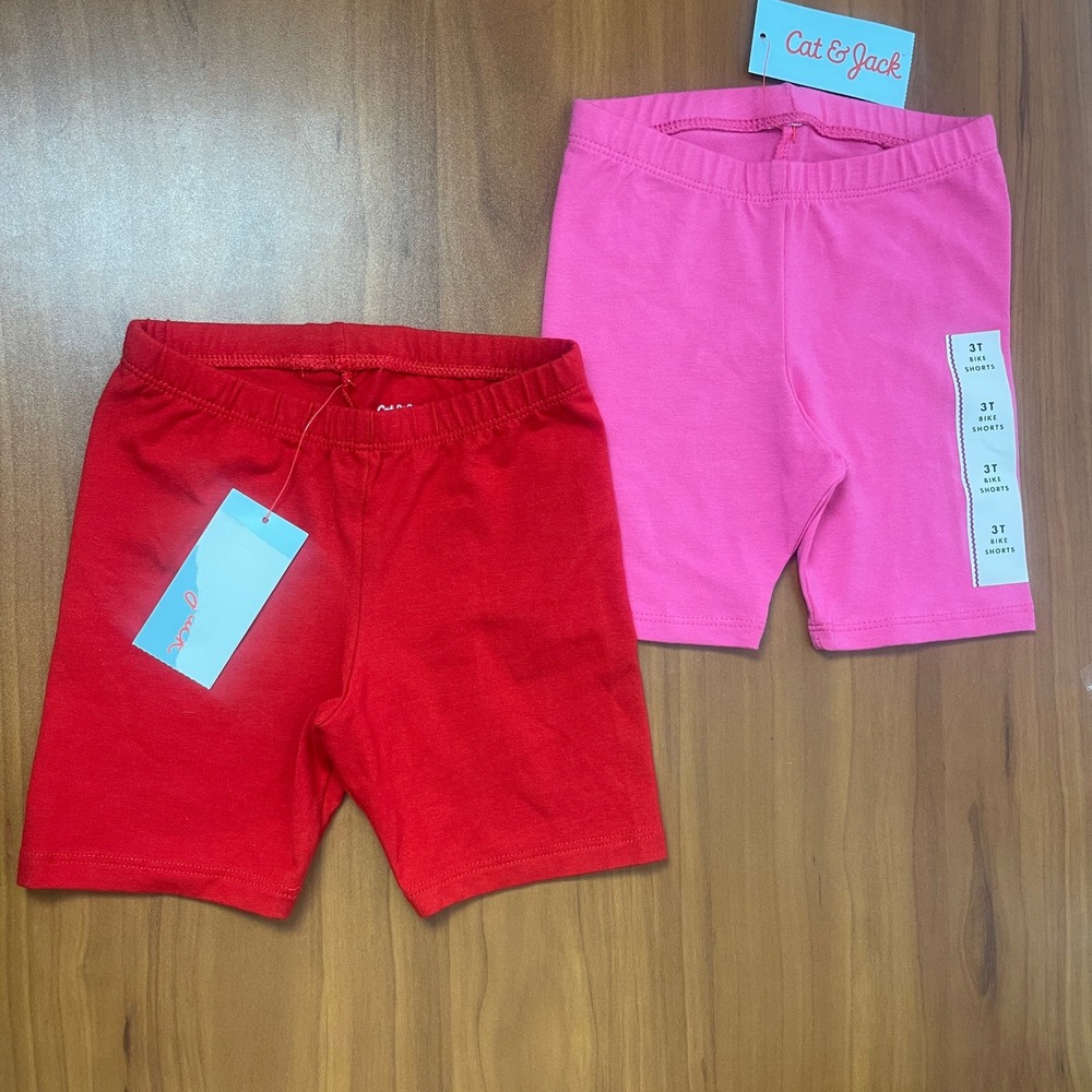 Lot of 2 Cat & Jack Toddler Girls 3T Bike Shorts Set Red Pink Elastic Waist